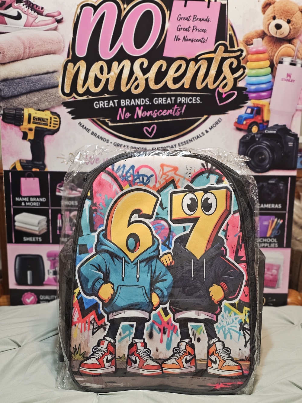 Youth Graphic Backpack - Number 67 Cartoon Design in Blue & Black